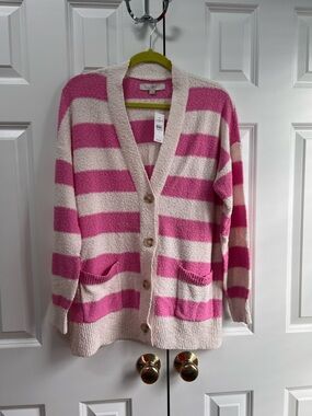 LOFT Pink and Cream Striped Button Cardigan